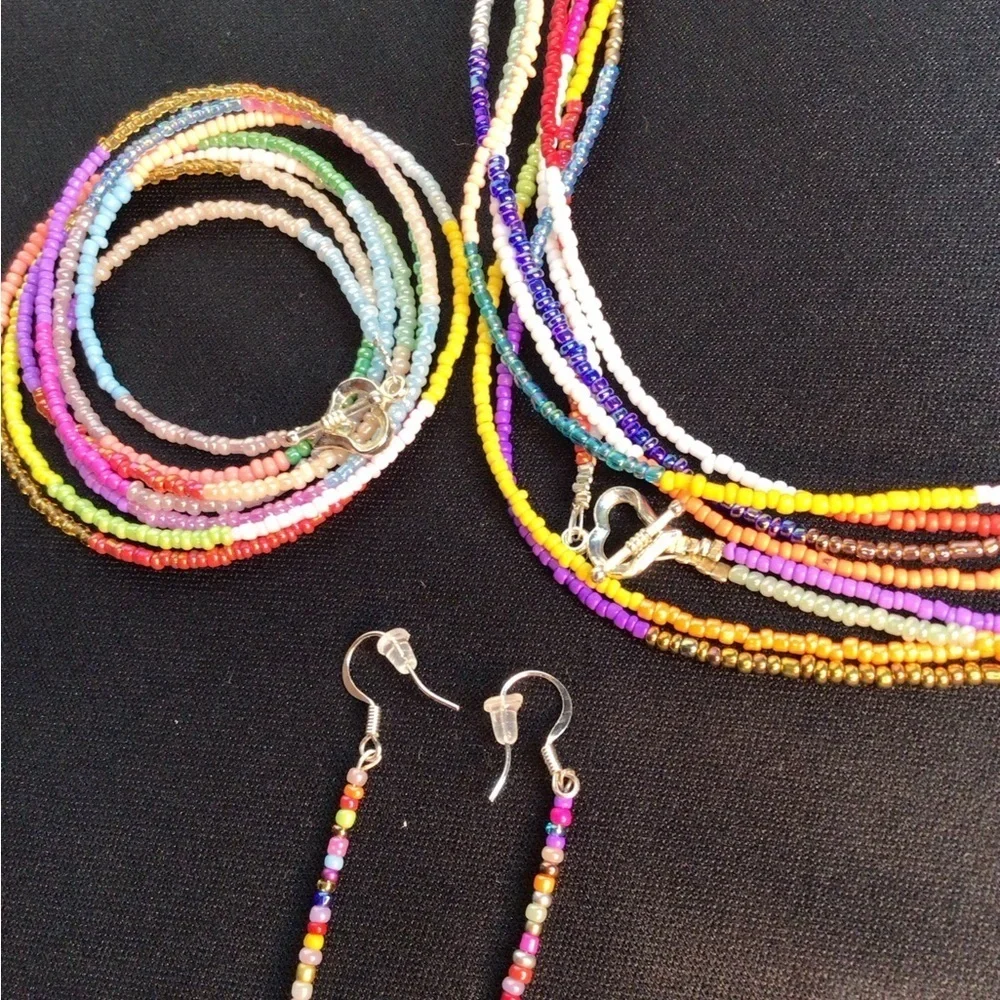Multi-Colored Multi-Strand Glass Beaded Necklace, Bracelet, & Earring Set.